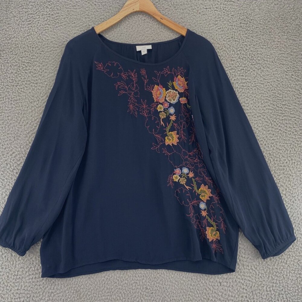 J Jill Top Women Large Navy Floral Embroidered Long Raglan Balloon Sleeve Blouse